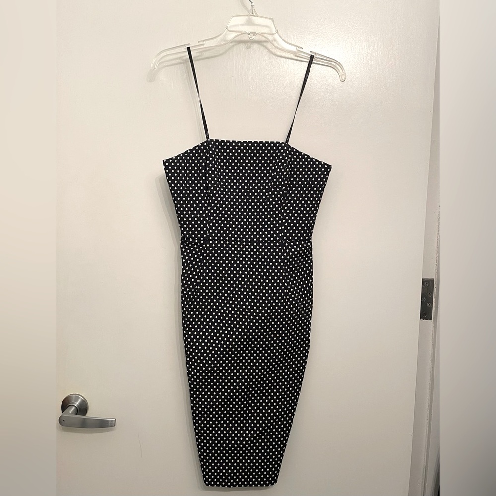 Suzi Chin | Navy blue  polka dot strapless dress, size 4